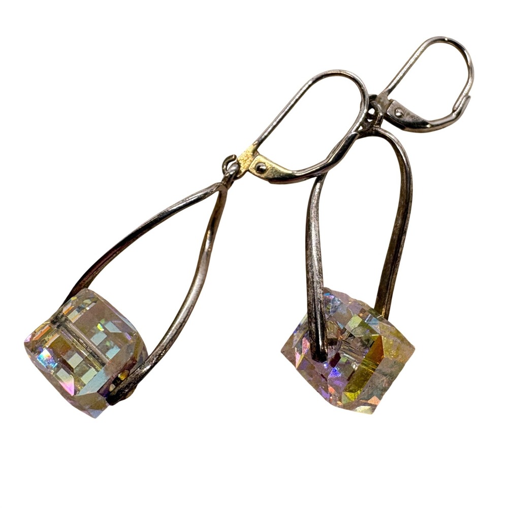 Vintage Sterling Silver Aurora Borealis Crystal Cube Teardrop Leverback Earrings
